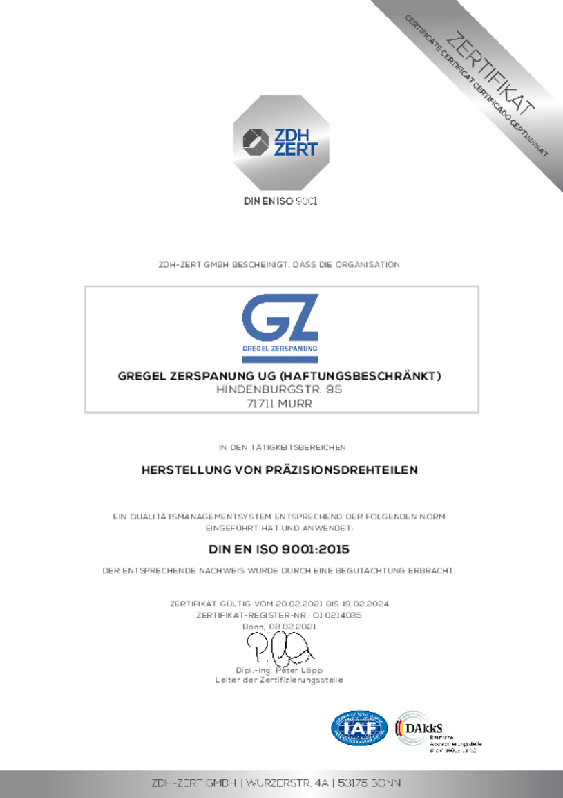 Zertifikat DIN EN ISO 9001:2015 Zertifikat DIN EN ISO 9001:2015