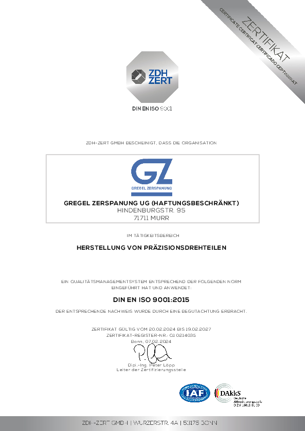 Zertifikat DIN EN ISO 9001:2015 Zertifikat DIN EN ISO 9001:2015